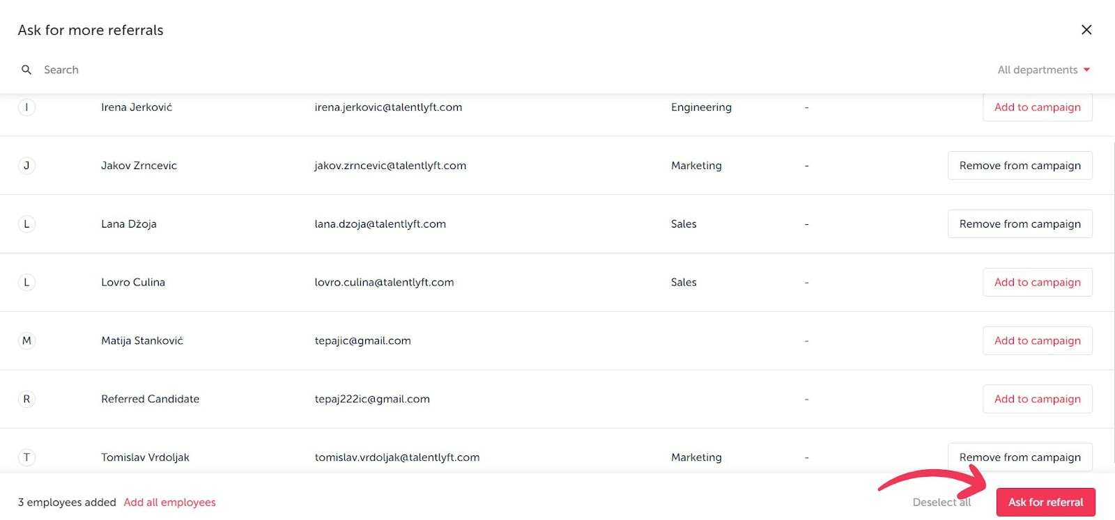 Asking employees for referrals via TalentLyft